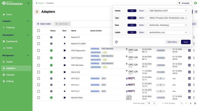 Asset filter on the adapter list