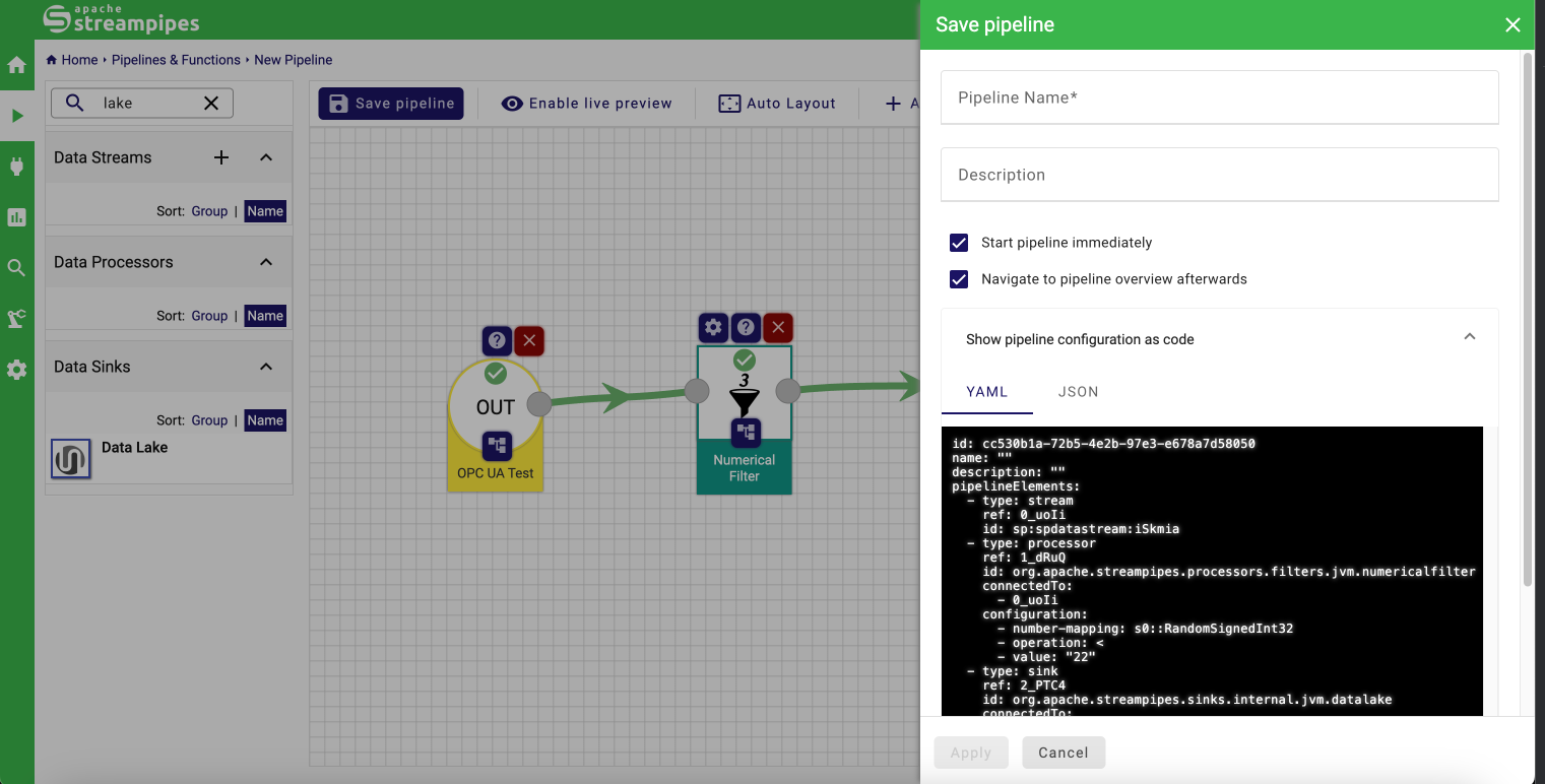 StreamPipes Pipeline Editor Code View