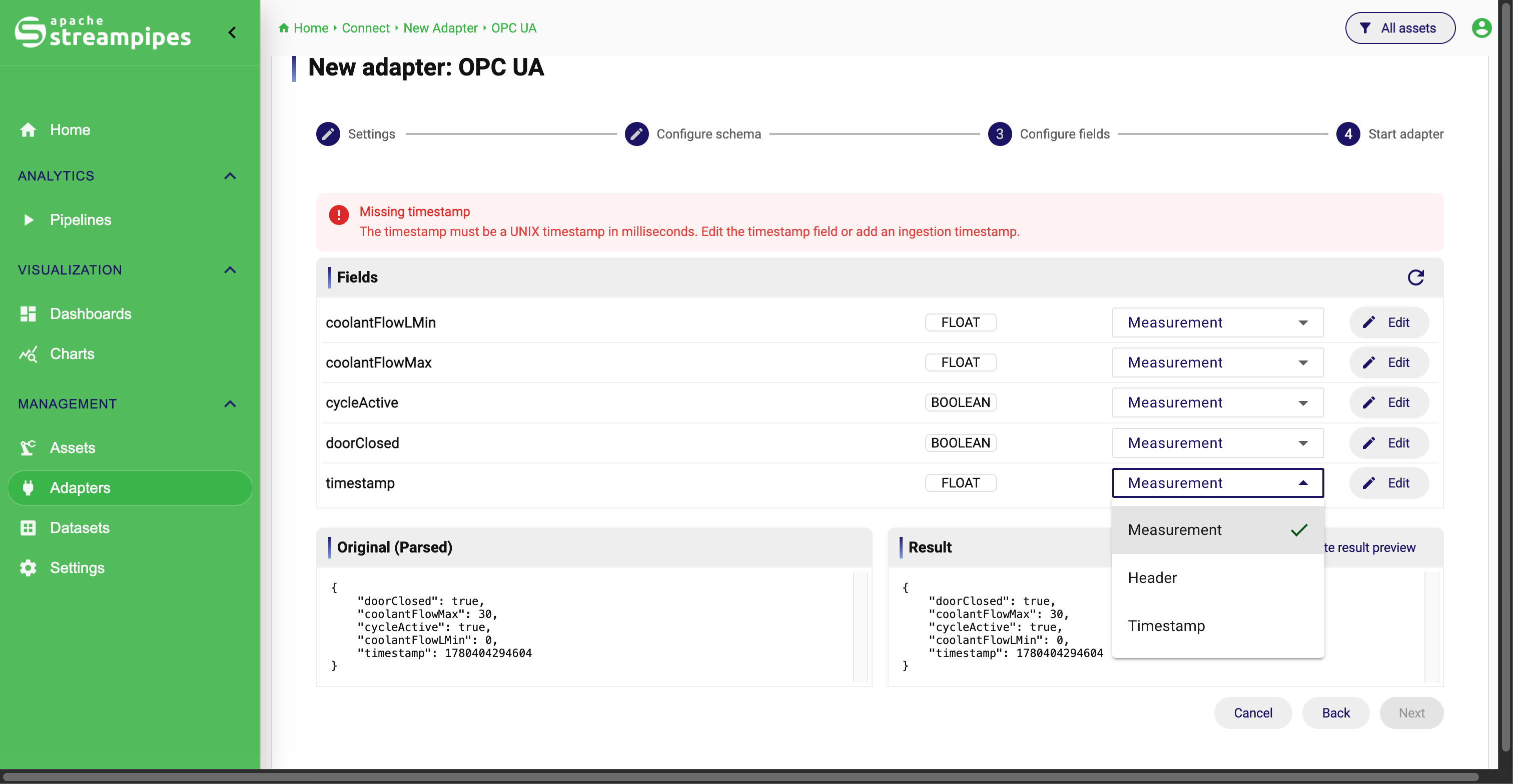 Metadata configuration step in StreamPipes Connect