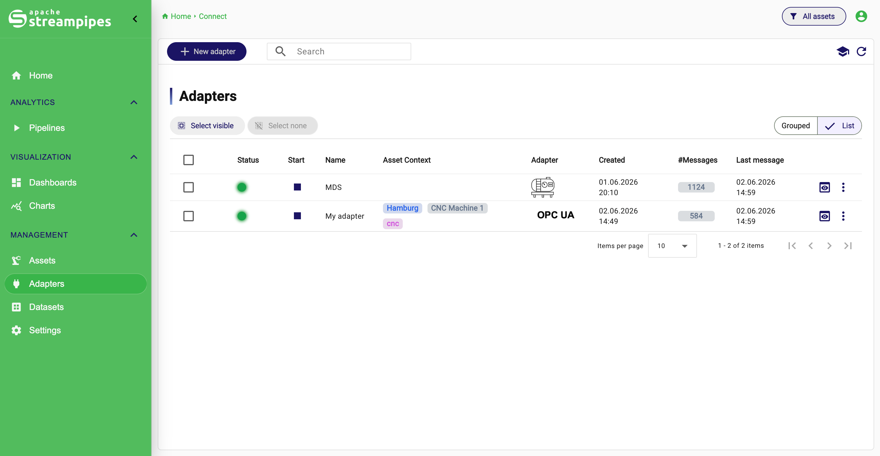 Connect overview with adapter list, status indicators, and create action
