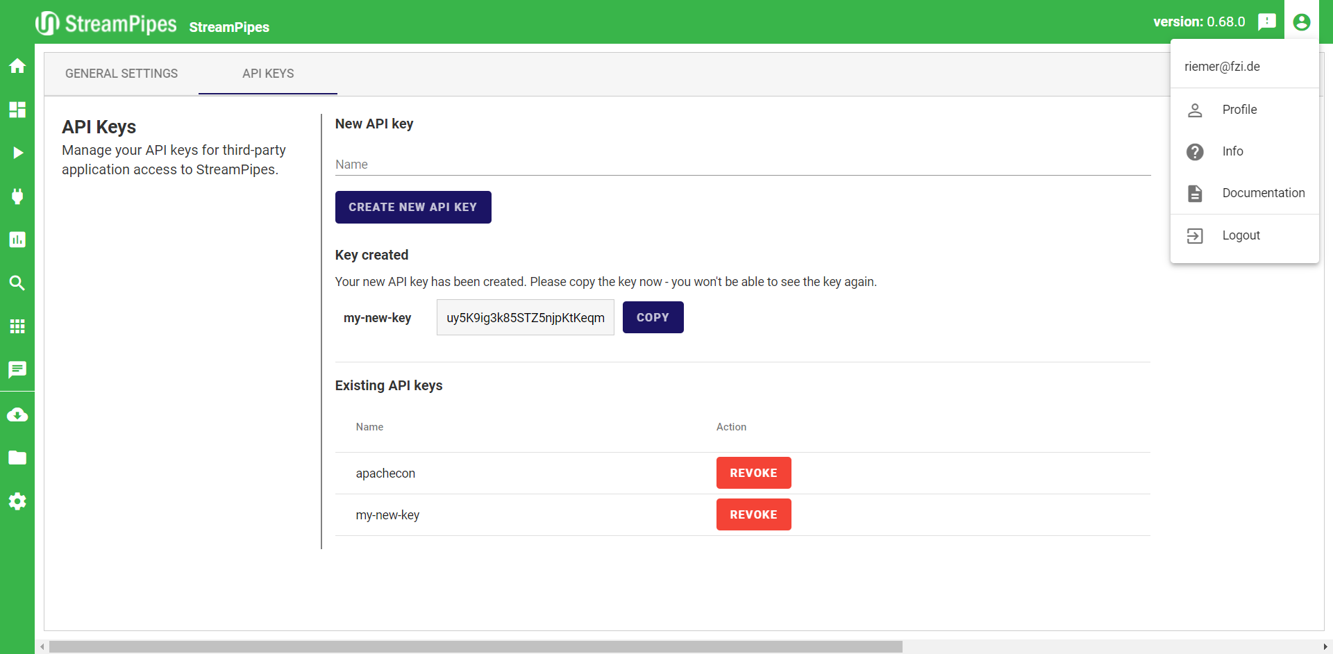 Generating an API key for the StreamPipes client & REST API