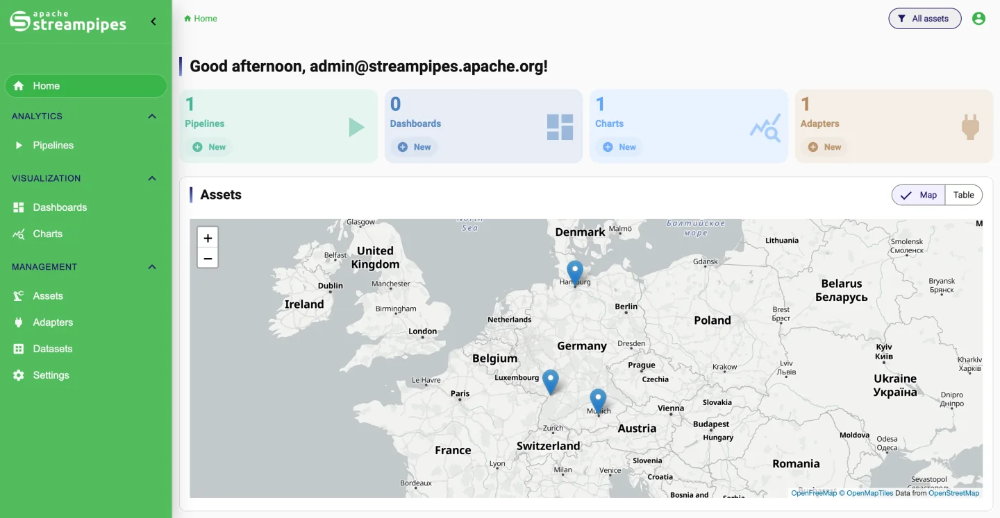 Home screen with assets on a map