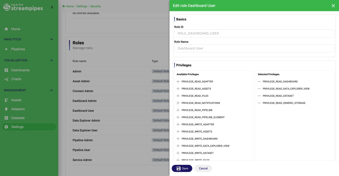Role editor with available and selected privileges