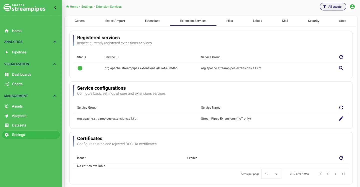 Extension services view with certificate management