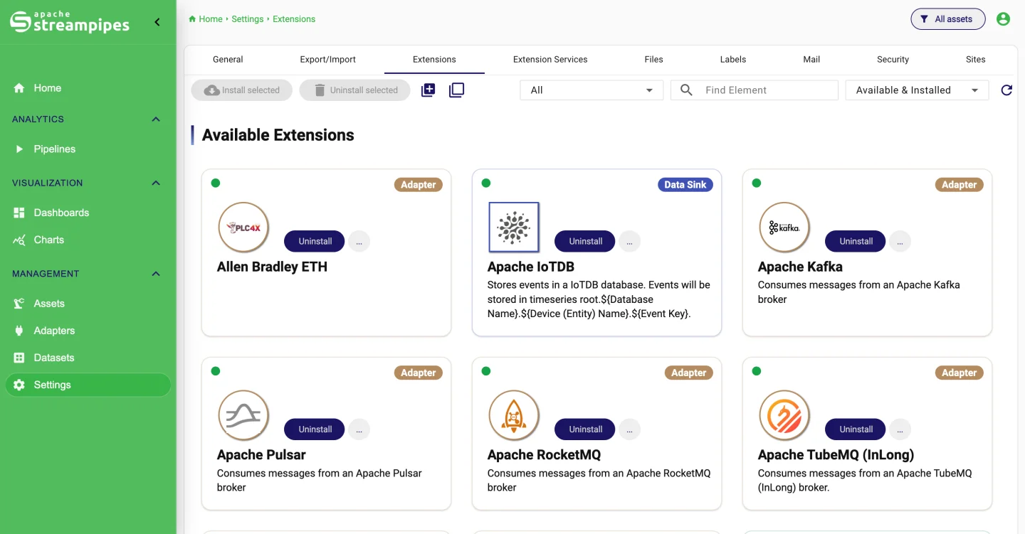 Extensions catalog in the configuration area